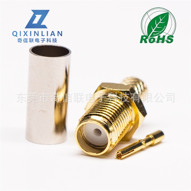 压接式SMA母座 接线RG58同轴线缆 50欧姆削边SMA镀金射频连接器
