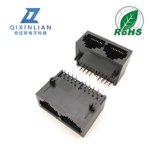 RJ45网络连接器水晶头母座8P8C非屏蔽1X2双连体全塑黑色不带灯